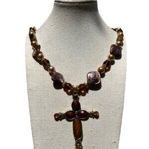Vintage Religious Cross Brown Round Glass Bead Stone Women’s Sz 26” Pendant
